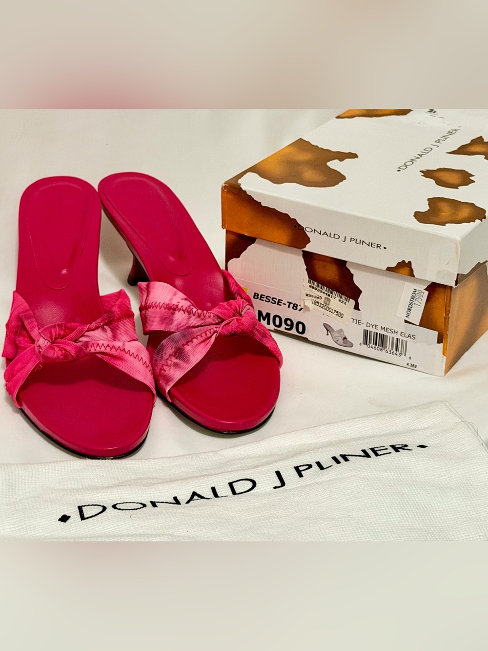 Donald J Pliner Vintage Besse Pink Tie Dye Bow Kitten Heel Mule Sandals 9M NIB